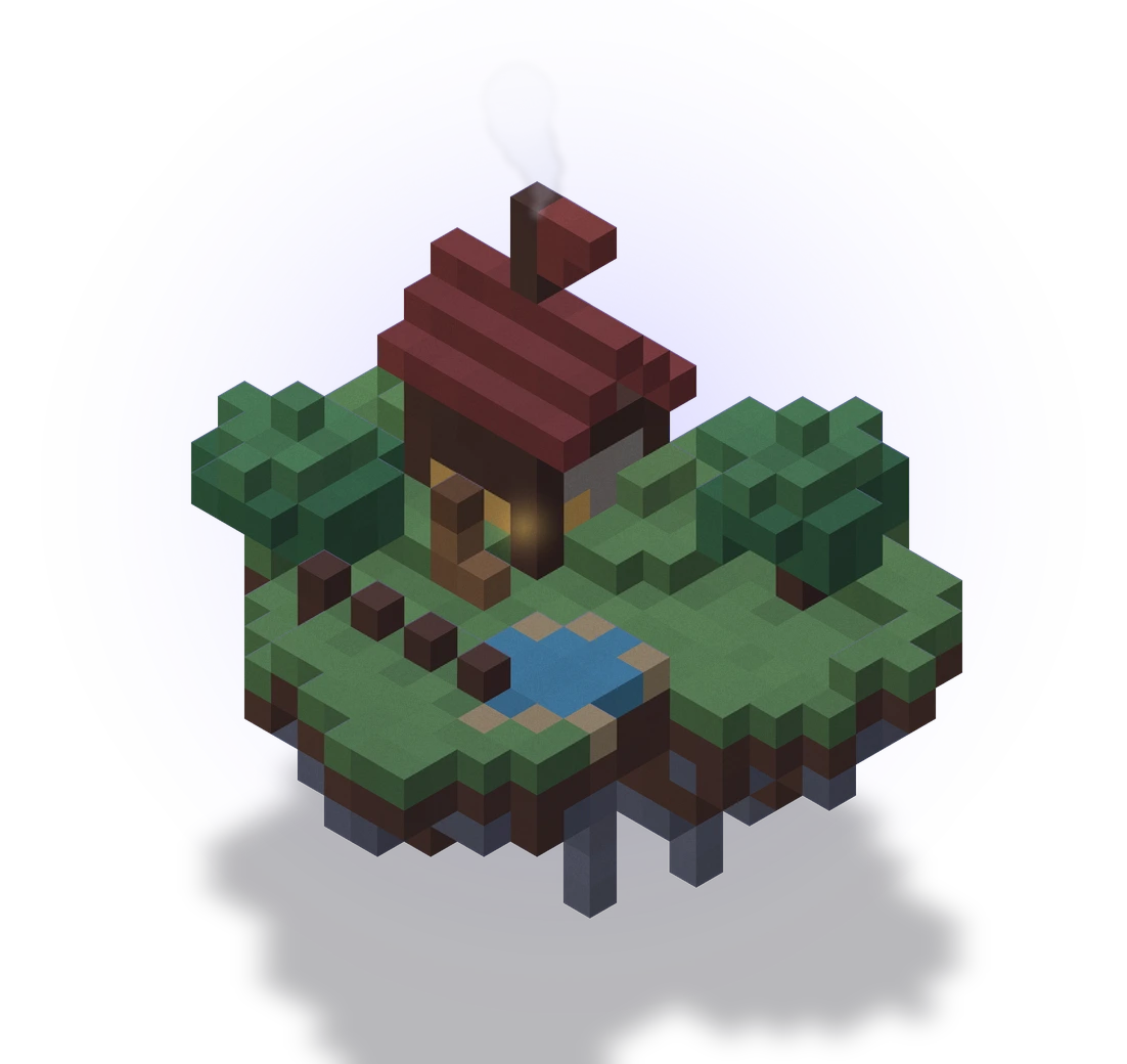 Тёмный ночной воксельный остров со светящимся окном домика — визуал minecraft-hosting.com